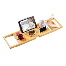 Bamboo Bathtub Caddy Tray – Expandable Bath Tray with Wine Slots and Book Holder, Ideal for One or Two