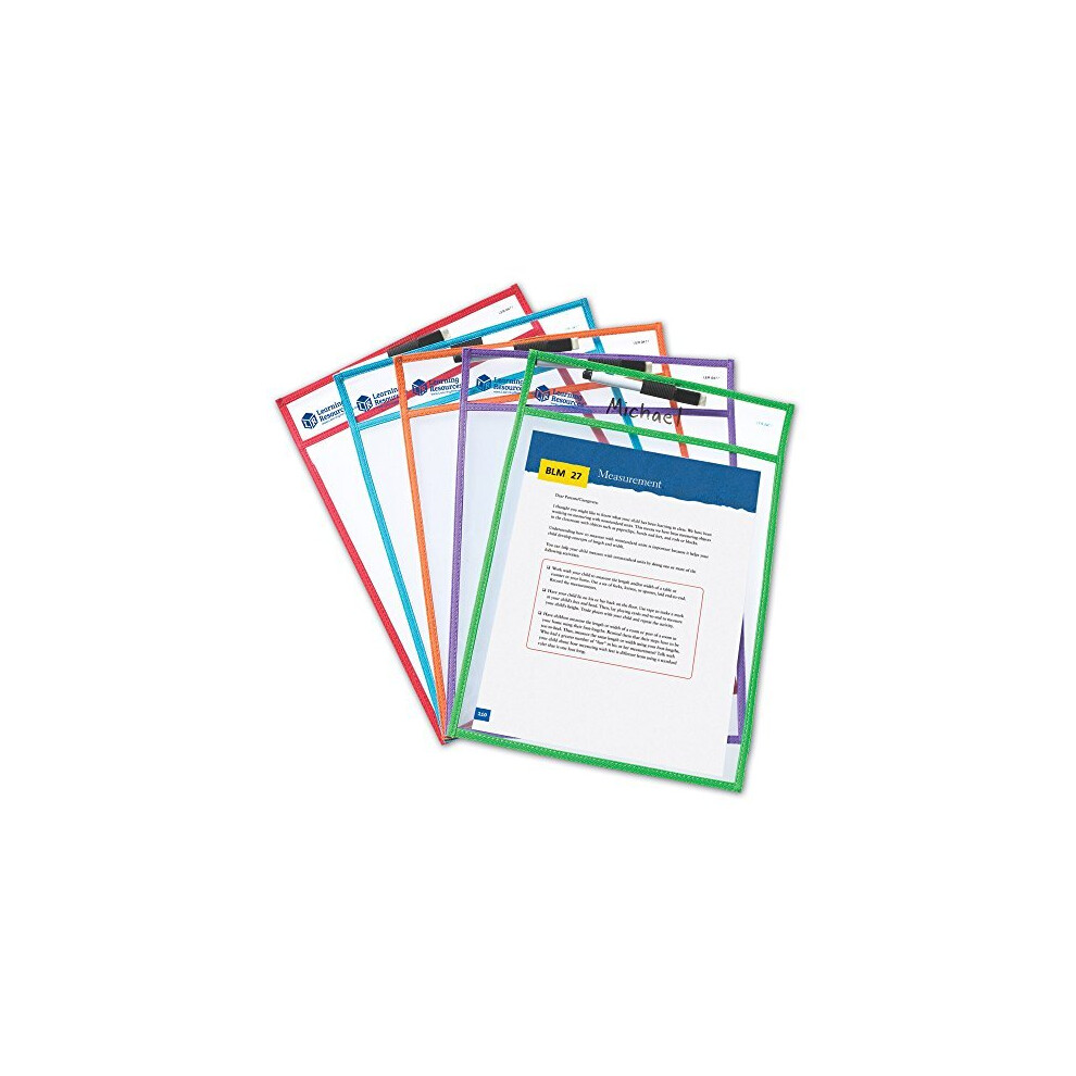 Learning Resources Write and Wipe Pockets, 5 Colorful Classroom Dry Erase Pockets, Ages 3+