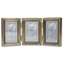 Lawrence Frames Antique Gold Brass Hinged Triple 2x3 Picture Frame - Beaded Edge Design