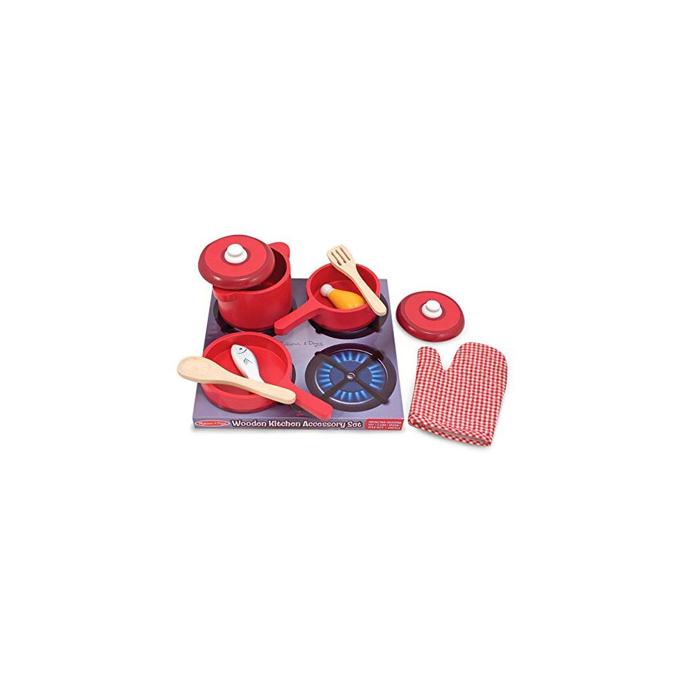 Melissa & Doug Deluxe Wooden Kitchen Accessory Set - Pots & Pans (8 Pcs)