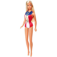 Barbie 1975 Gold Medal Puppe Reproduktion, mit Olympia-Einteiler und Goldmedaille Zubehör