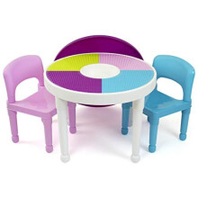 Humble Crew, White/Blue/Pink Kids 2-in-1 Plastic Building Blocks-Compatible Activity Table and 2 Chairs Set, L