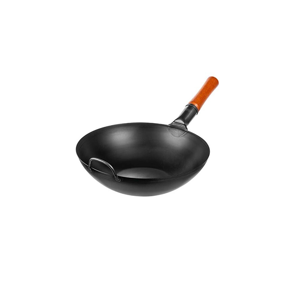 Yosukata Black Carbon Steel Wok Pan 13,5 Woks And Stir Fry Pans - Chinese Wok With Flat Bottom Pow Wok - Traditi