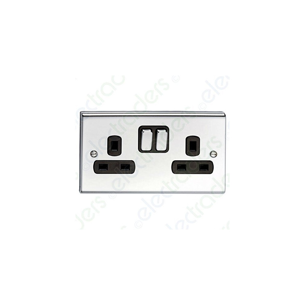 Deta SD1209CHB Switched Socket Outlet 13 Amp - 2 Gang (Polished Chrome /Black Inserts)