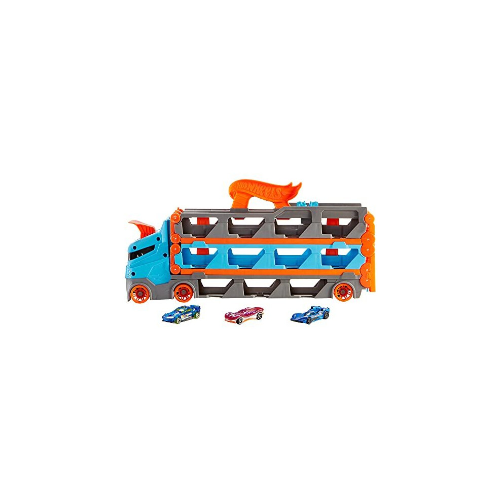 ?Hot Wheels Speedway Hauler Storage Carrier with 3 1:64 Scale Cars & Convertible 6-Foot Drag Race Track for Ki