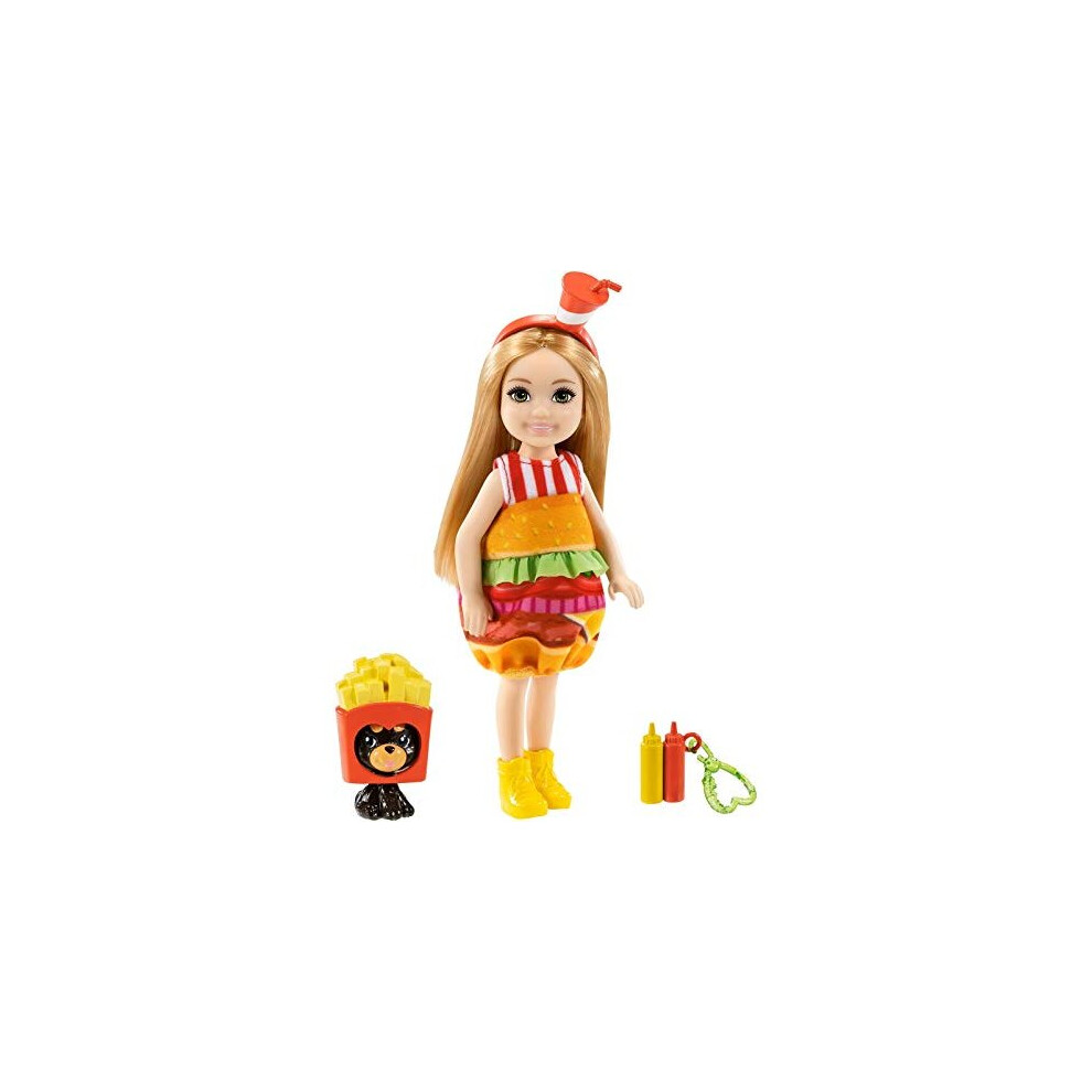 Barbie Club Chelsea Dress-Up Doll (6-inch Blonde) in Burger Costume with Pet and Accessories, Gift for 3 to 7