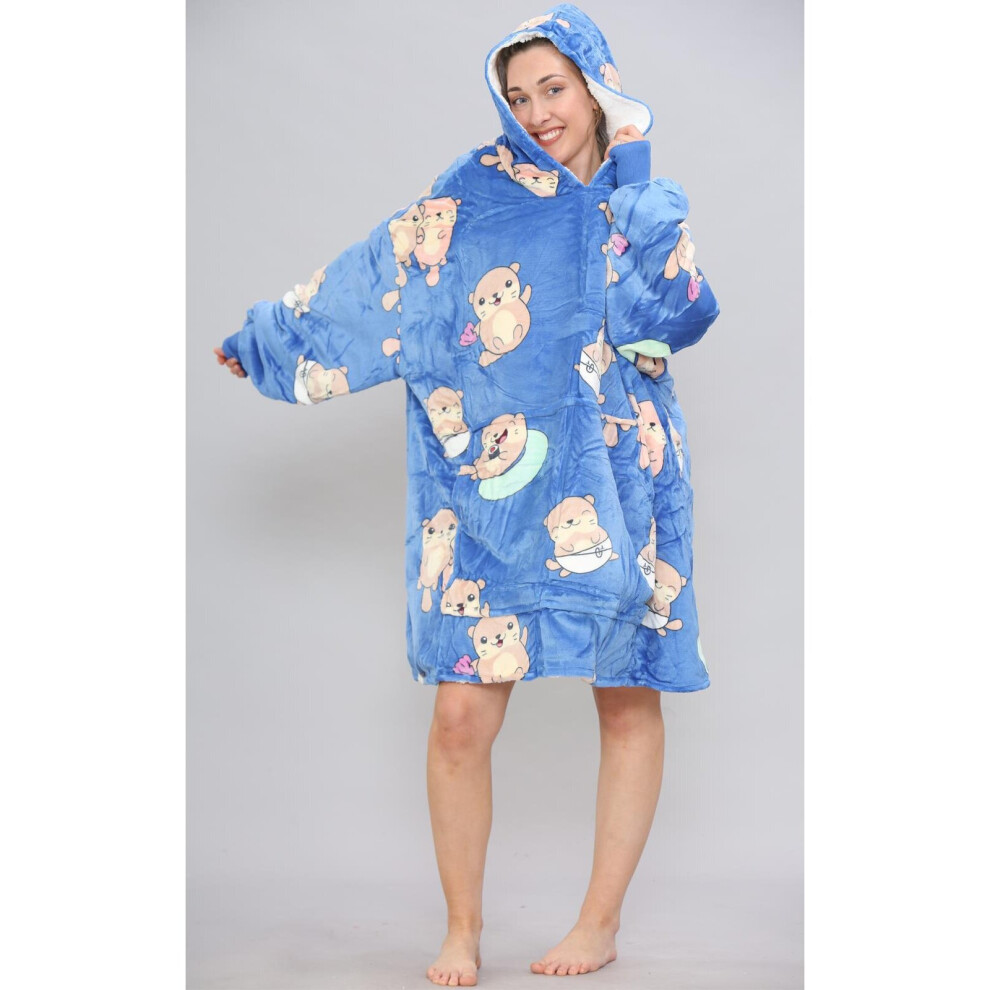 (Blue - Cats) Unisex Sweatshirt Oversized Sherpa Fleece Blanket