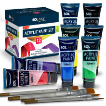8 Tubes Acrylic Paint 120ml + 4 Artists Brushes Set Assorted Colours