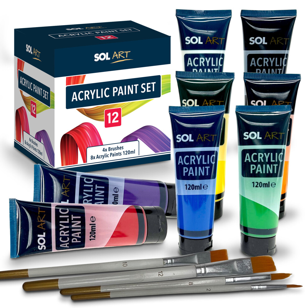 Sol 8 Tubes Acrylic Paint 120Ml + 4 Artists Brushes Set Assorted Colours