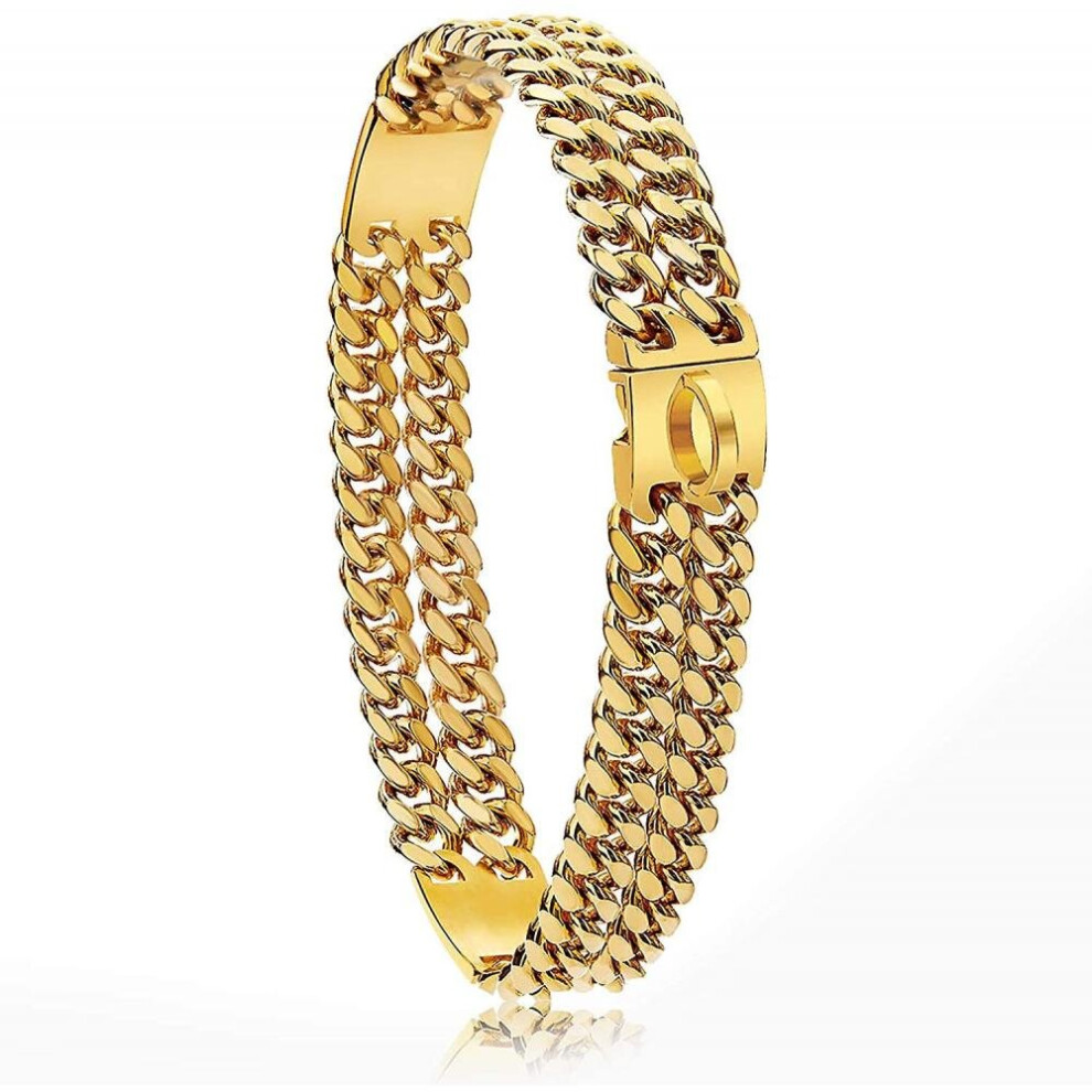 18k Gold Plated Charm 24mm Wide Heavy Duty Strong Cuban Chain Link Dog Collar With Steel Buckle, Strong Stainless Steel Metal Dog Training Collar 21in