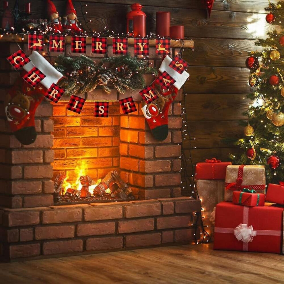 Merry Christmas Banner, Black Red Plaid Letters Xmas Decoration For Indoor Fireplace Wall Tree