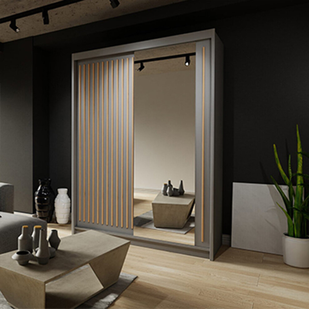 (Grey , 150cm) Modern Royal Sliding Mirror Door Wardrobe