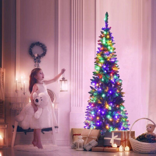 7Ft/2.1M Pre Lit Artificial Green Slim Christmas Pencil Tree,625 Pointed Tips,230 Multicolour LEDs 1