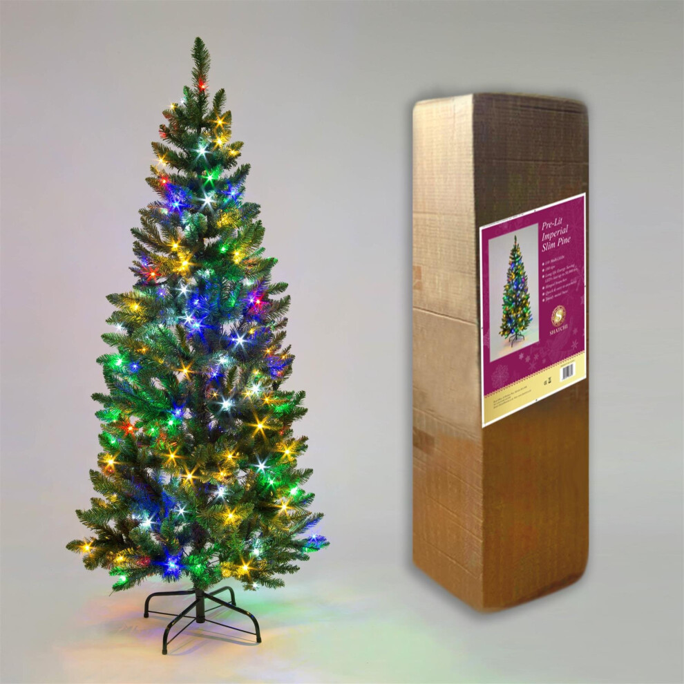 7FT/2.1M Pre Lit Slim Pine Green Tree Christmas,680 Pencil Point Tips,250 Multicolour LEDs