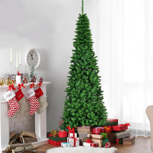 7Ft/2.1M Pre Lit Artificial Green Slim Christmas Pencil Tree,625 Pointed Tips,230 Multicolour LEDs 2