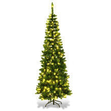 8Ft/2.4M Pre Lit Artificial Green Slim Christmas Pencil Tree,828 Pointed Tips,300 Warm White LEDs