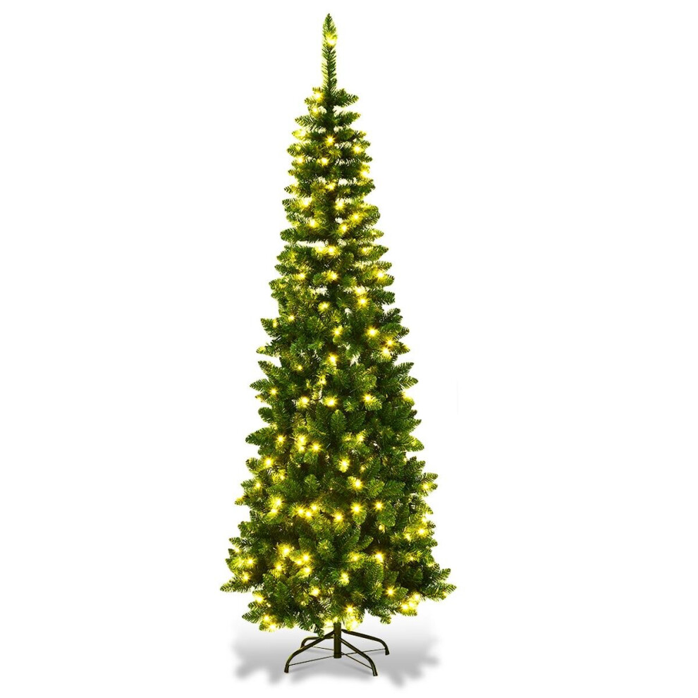 7Ft/2.1M Pre Lit Artificial Green Slim Christmas Pencil Tree,625 Pointed Tips,230 Warm White LEDs