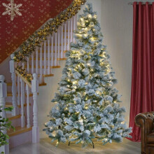 6Ft/1.8M Pre Lit Helsinki Fir Snow Covered Flocked Artificial Green Christmas Tree Bushy Warm White LED Lights