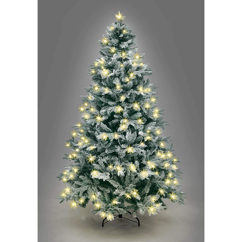Shatchi 5Ft/1.5M Pre Lit Lapland Fir Artificial Green Christmas Tree Snow Flocked Mixed Tips Hinged Bushy,180 Warm White Leds White,Green
