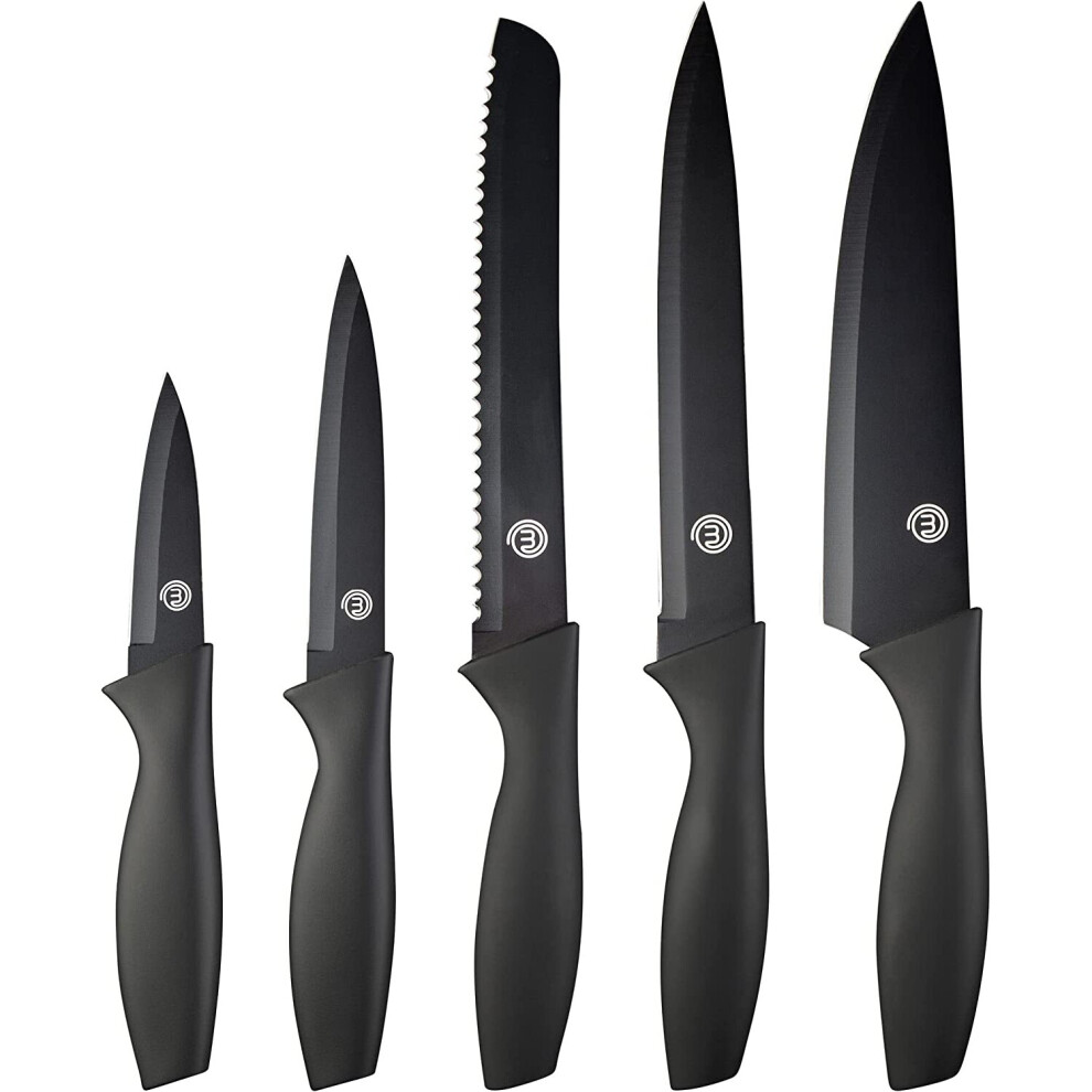 Kitchen Tools (Essential Collection) Masterchef Kitchen Knives Set Of 5 Including Paring, Utility, Bread, Carving & Chef Knife, Sharp Stainless Steel, Non Stick Bla