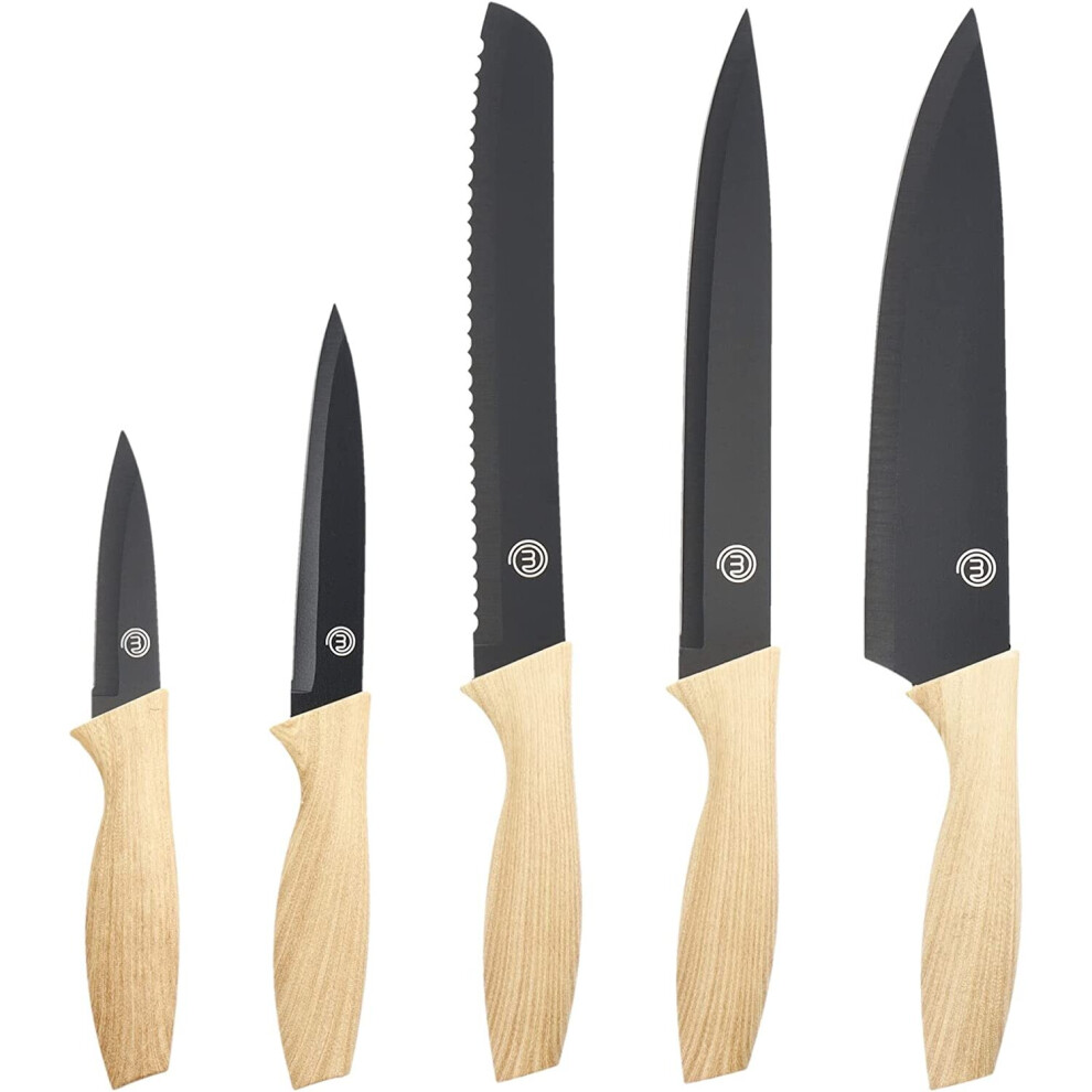 (Natural Collection) MasterChef Kitchen Knives Set Of 5 Including Paring, Utility, Bread, Carving & Chef Knife, Sharp Stainless Steel, Non Stick Blade