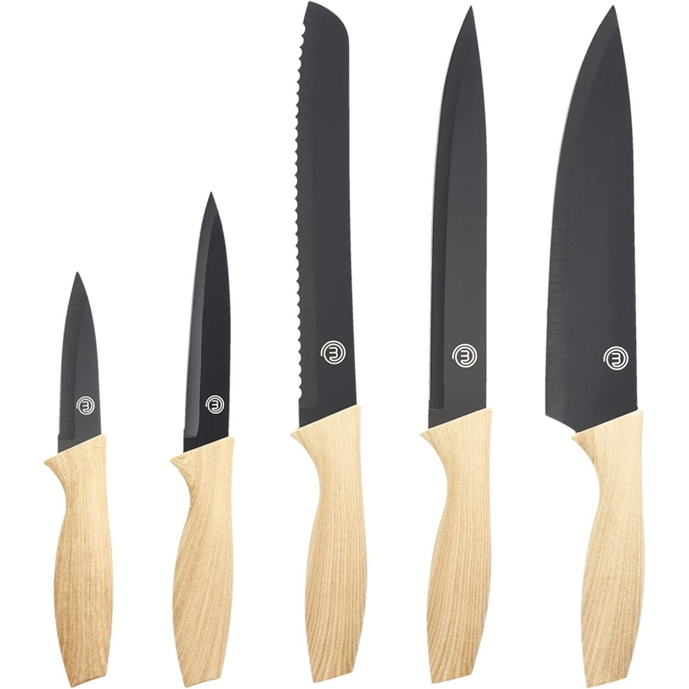(Natural Collection) MasterChef Kitchen Knives Set of 5 Including Paring, Utility, Bread, Carving & Chef Knife, Sharp Stainless Steel, Non Stick Blades &