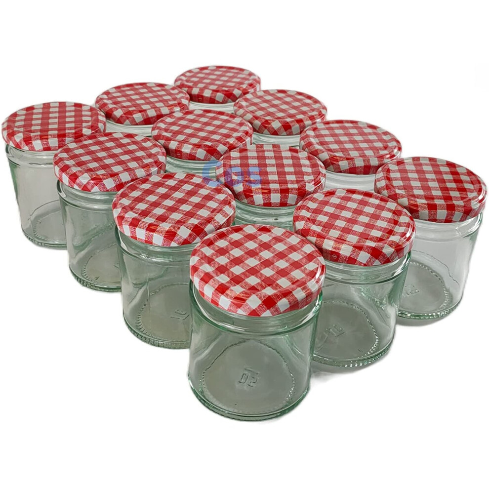 COS Glass Paneled Round Jam Jars + Red Gingham Lids: 190ml  Pack Of 12