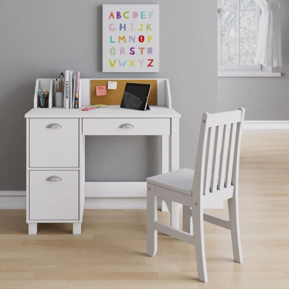 Wooden White Study Desk for Children with Chair, Table with Drawers Storage