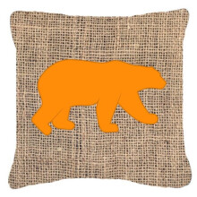 Bear Burlap and Orange Indoor & Outdoor Decorative Fabric Pillow - 18 x 18 in.