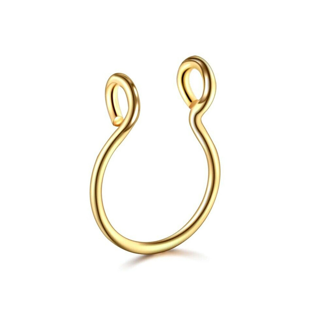 (Gold) Surgical Steel Unisex Fake Faux Hoop Thin Septum Nose Ring Clip Stud No Piercing