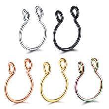 (Gold+Silver+RoseGold+Black+Rainbow) Surgical Steel Unisex Fake Faux Hoop Thin Septum Nose Ring Clip Stud No Piercing