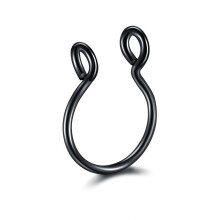 (Black) Surgical Steel Unisex Fake Faux Hoop Thin Septum Nose Ring Clip Stud No Piercing