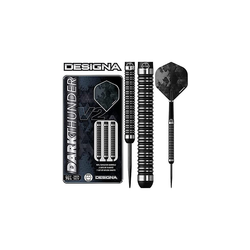 DESIGNA DARTS D3536 Dark Thunder | 30g Premium 90% Tungsten Barrel Steel Tip Dart Set With Twin Ringed Grip Including Flights and Nylon Shafts, Black