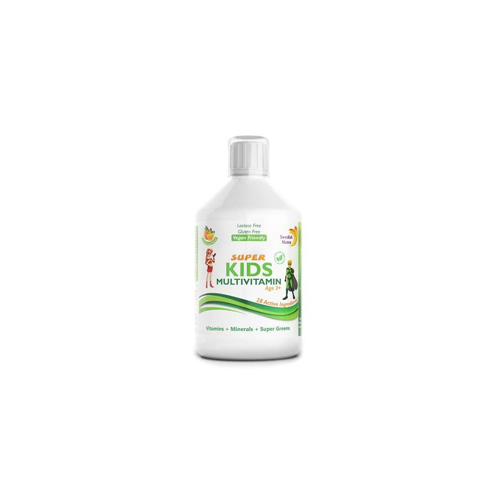 Swedish Nutra Kids Multivitamin Liquid - Pack of 500ml, 33 Day Supply | Orange Flavour with 28 Active Ingredients | 100% Natural Flavour | High