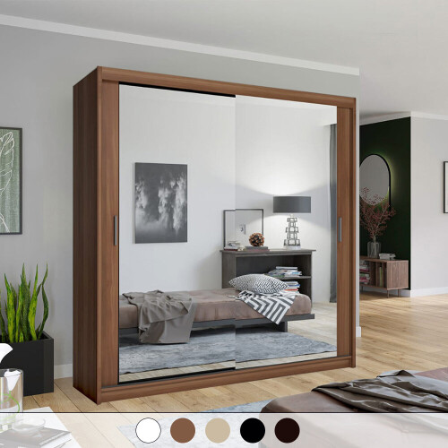 (90) Walnut Double Door Full Mirror Sliding Wardrobe