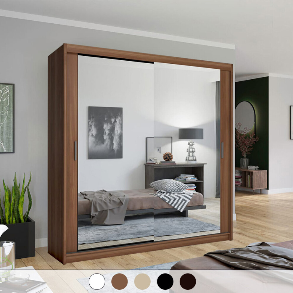 (150) Walnut Double Door Full Mirror Sliding Wardrobe