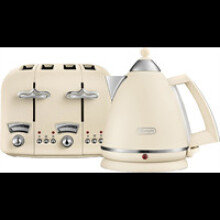 Delonghi Argento Flora Beige Jug Kettle & 4-Slice Toaster KBX3016BG CT04BG, 1800W, 6 Browning Settings, Cool-Touch, 360 Base, Wide Slots