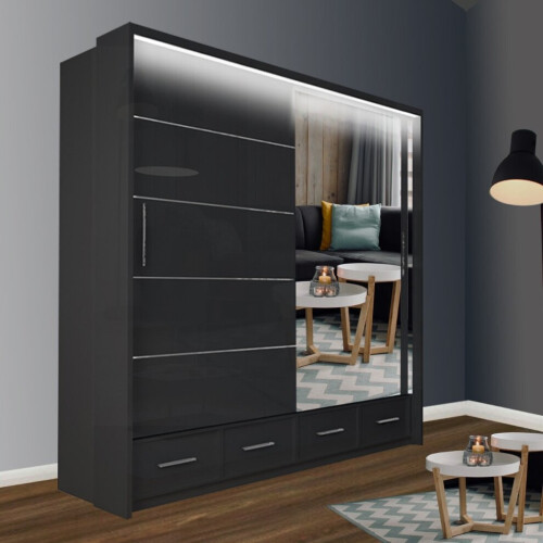 (Black, 208cm) Sasilaya High Gloss 2 or 3 Sliding Doors Wardrobe