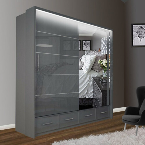 (Grey, 208cm) Sasilaya High Gloss 2 or 3 Sliding Doors Wardrobe
