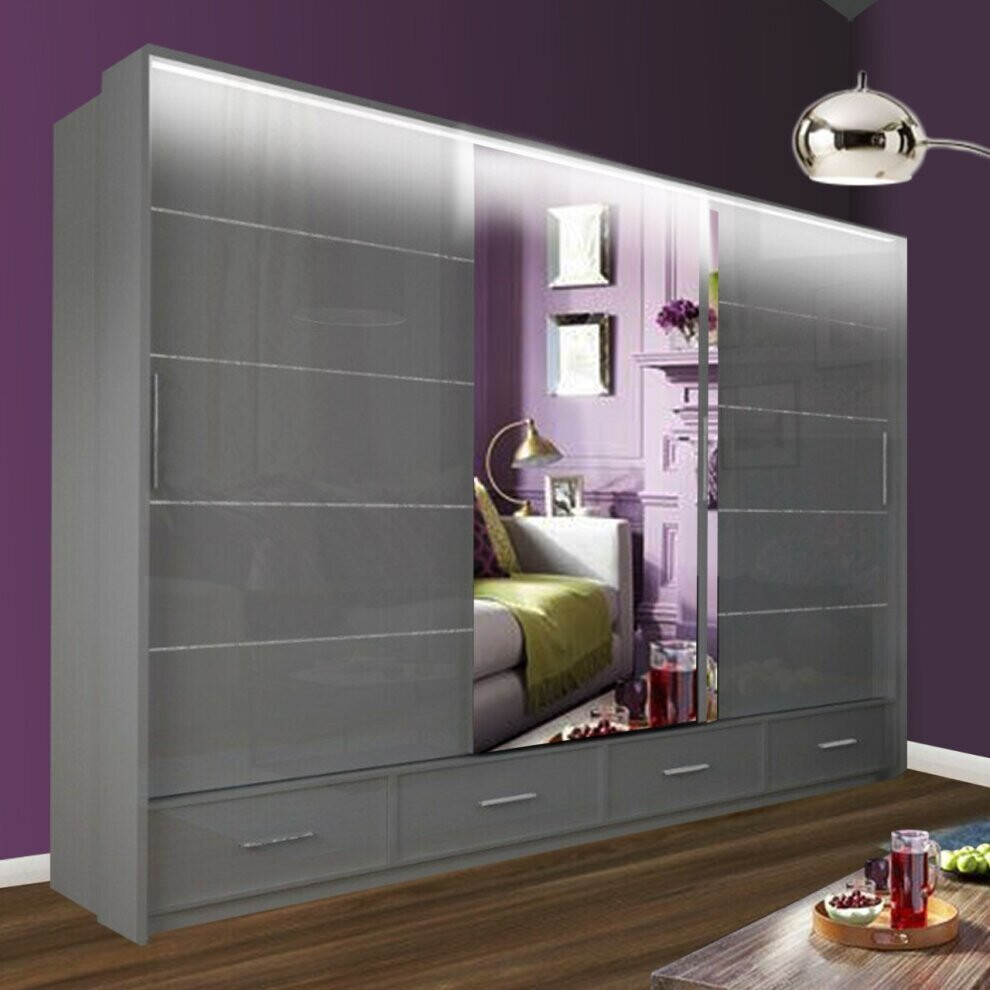 (Grey, 255cm) Sasilaya High Gloss 2 or 3 Sliding Doors Wardrobe