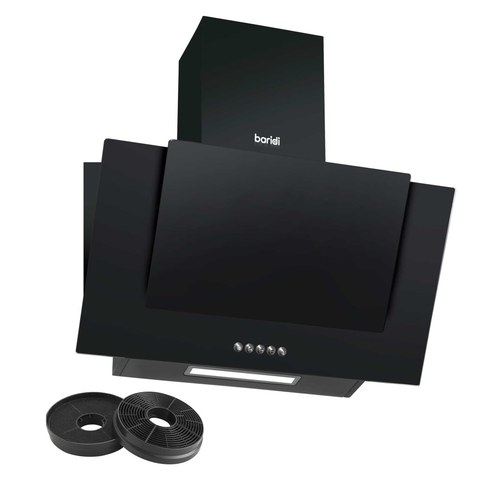Dellonda Baridi 60Cm Angled Chimney Cooker Hood With Carbon Filters, Led Lamp, Black Glass - Dh129