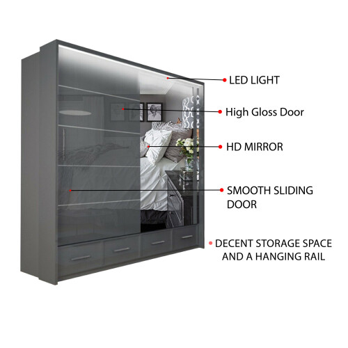 (Grey, 208cm) Sasilaya High Gloss 2 or 3 Sliding Doors Wardrobe 1