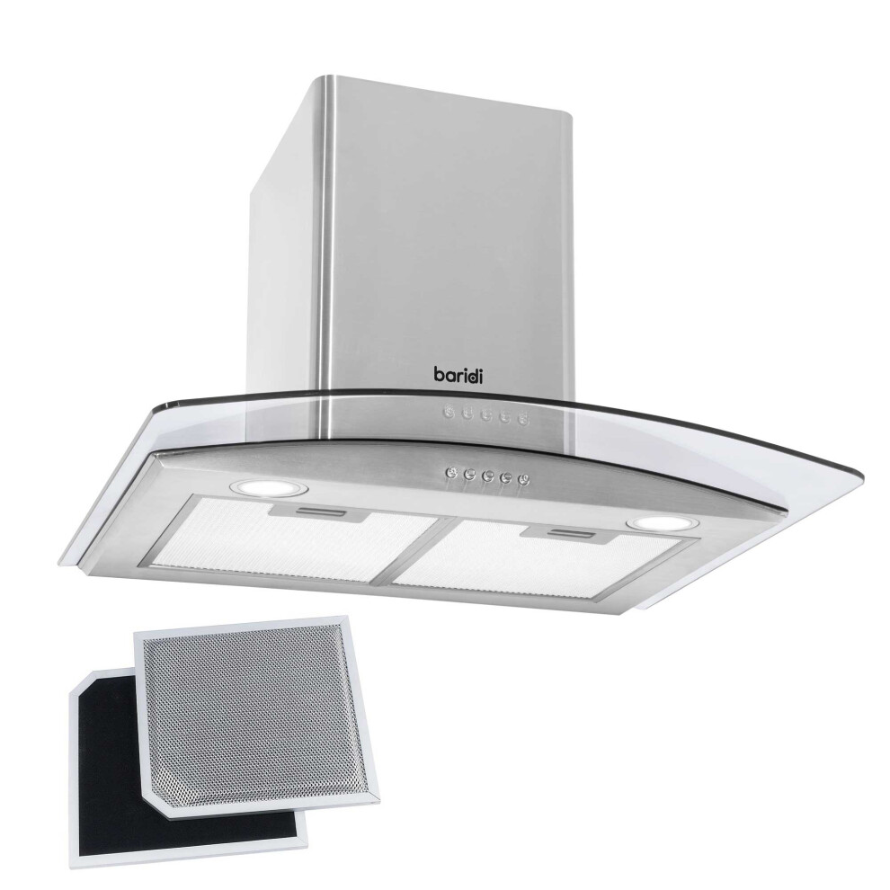 Dellonda Baridi 60Cm Curved Glass Cooker Hood With Carbon Filters, Led Lights, Stainless Steel - Dh128