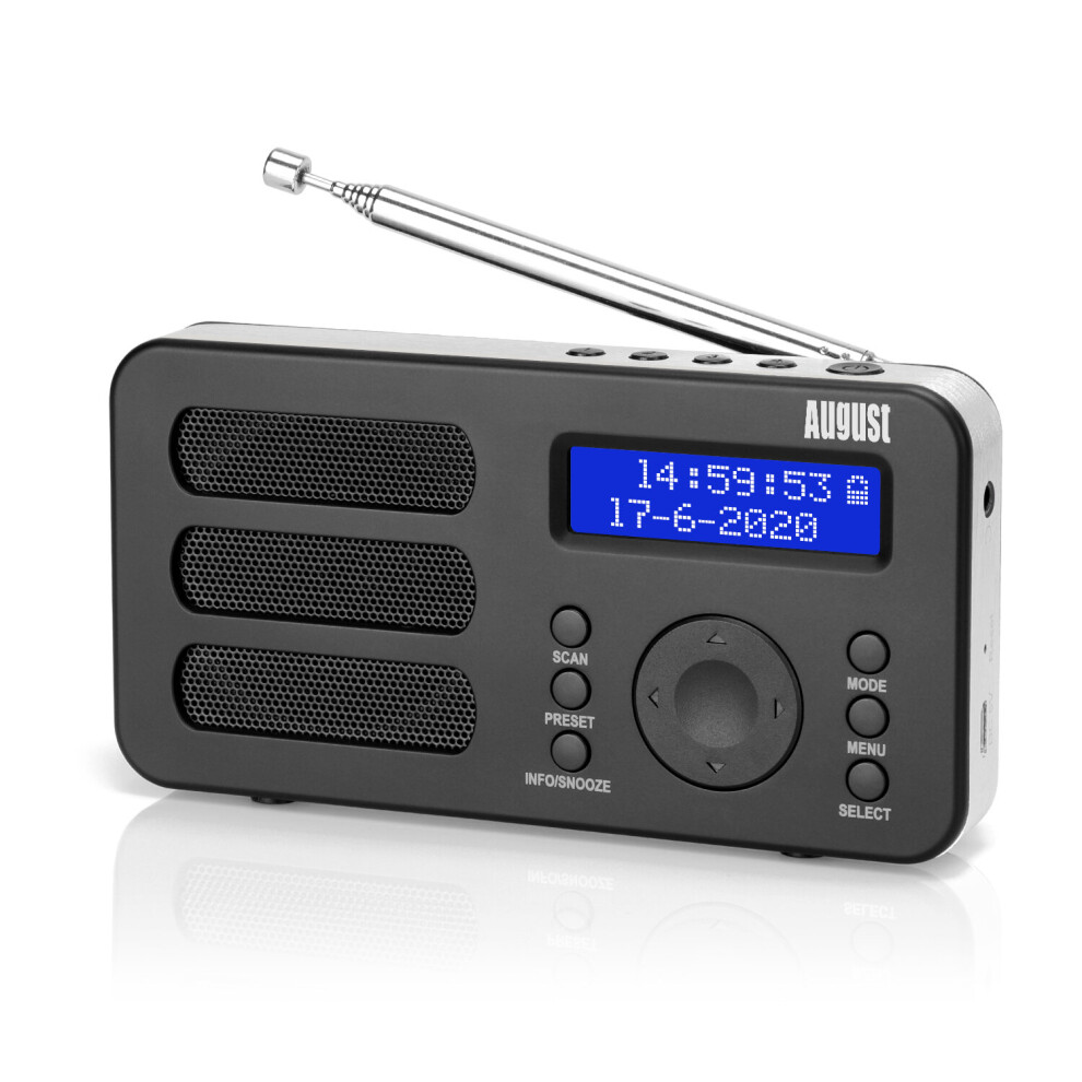 Portable Fm Dab+ Radio Digital Alarm Clock Aux Rechargeable Battery August Mb225 Black 5053047009289