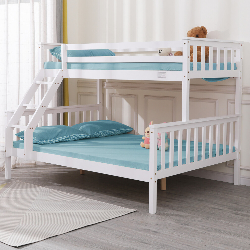 (White, With Mattress) Triple Bunk Beds Double Bed With Stairs For Kids Children White Wooden Bed Frame