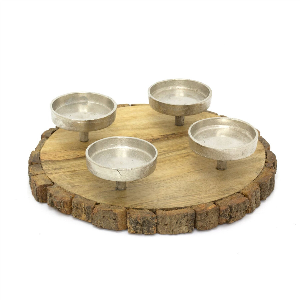 Tree Bark Multi Silver Metal Candle Holders Candelabra | Rustic Wooden Tree Slice 4 Pillar Candle Holder | Tree Log Christmas Wedding Candle Holders