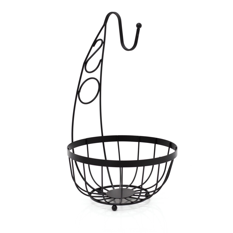 Carousel Black Flat Iron Fruit Basket With Banana Hanger | Metal Fruit Bowl With Banana Hook | Wire Vegetable Rack Fruit Bowl With Banana Tree