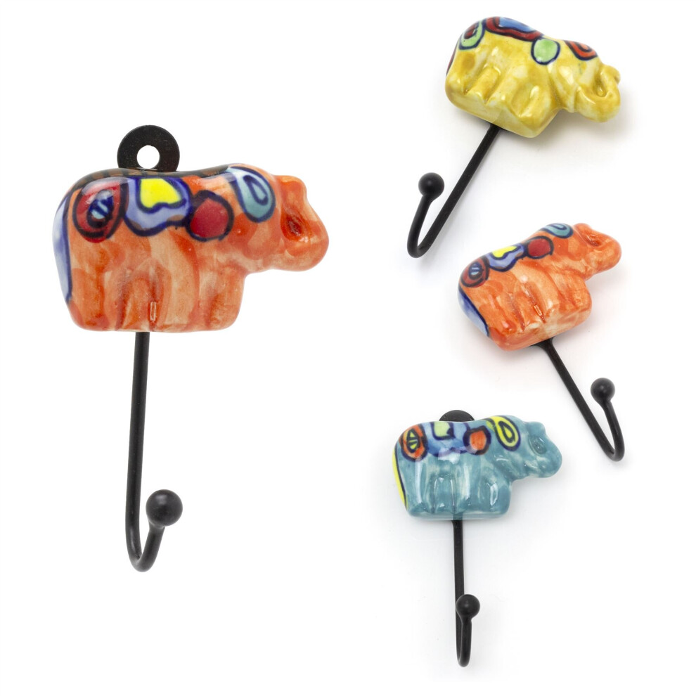 Mini Ceramic Elephant Shaped Wall Hook | Key Hook Wall Mounted Coat Hanger Peg | Decorative Animal Wall Door Hook - Colour Varies One Supplied