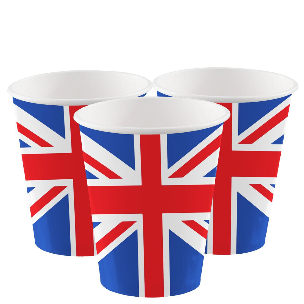 Carousel 8 Great Britain Flag Union Jack Cups Party Cups | Pack Of 8 Britannia Union Jack Paper Cups | Eight Queens Platinum Jubilee Party Cups - 250Ml