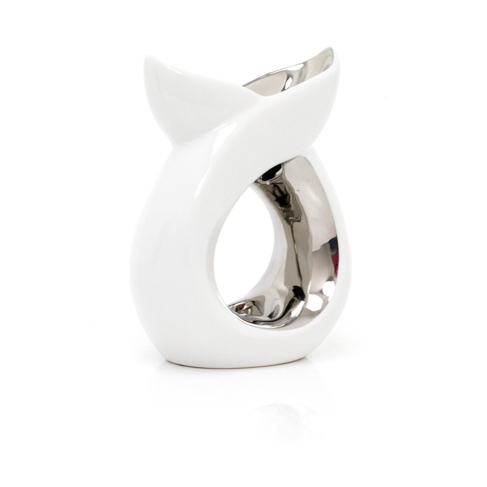 Carousel And Cross Over Ceramic Wax Melt Burner Fragrance Oil Burner | Essential Oil Diffuser Tealight Candle Holder | Aroma Lamp Candle Diffuser Silver/White
